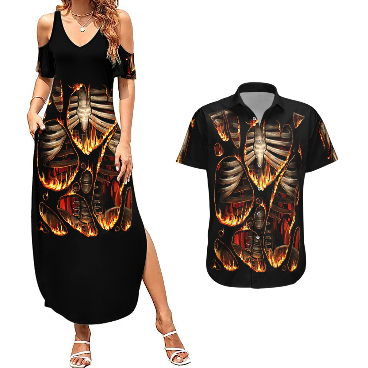 flame-skull-couples-matching-summer-maxi-dress-and-hawaiian-shirt-flame-skeleton-inside-my-body