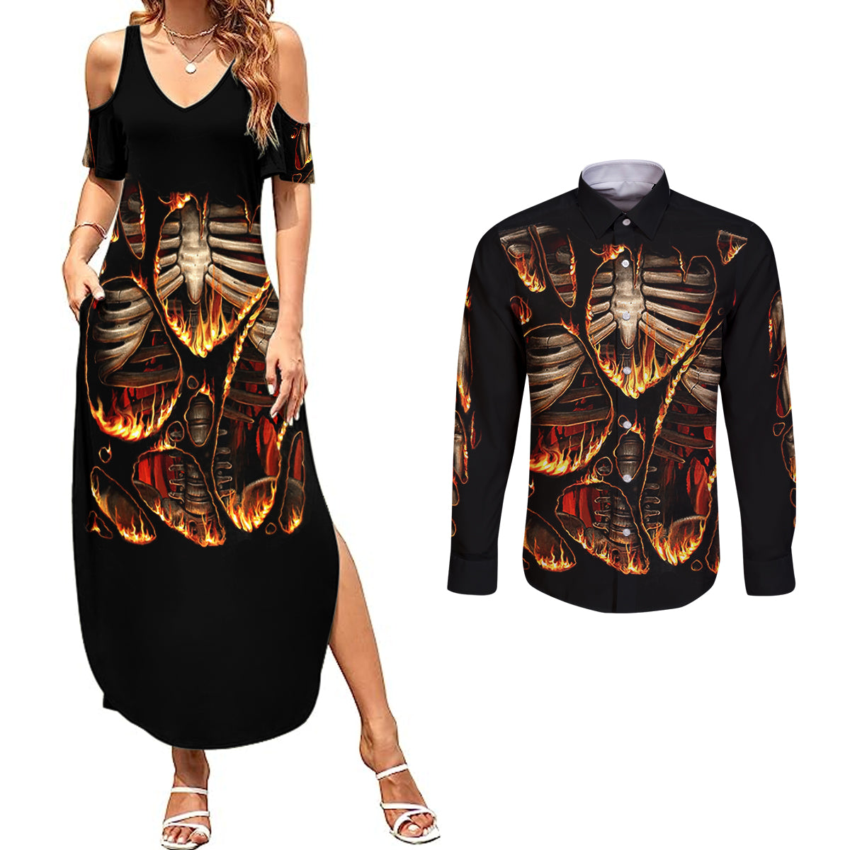 flame-skull-couples-matching-summer-maxi-dress-and-long-sleeve-button-shirts-flame-skeleton-inside-my-body