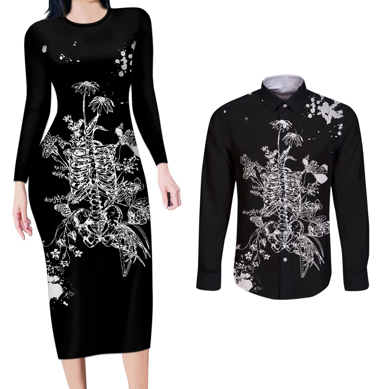 rose-skull-couples-matching-long-sleeve-bodycon-dress-and-long-sleeve-button-shirts-white-rose-skull-day-of-the-dead