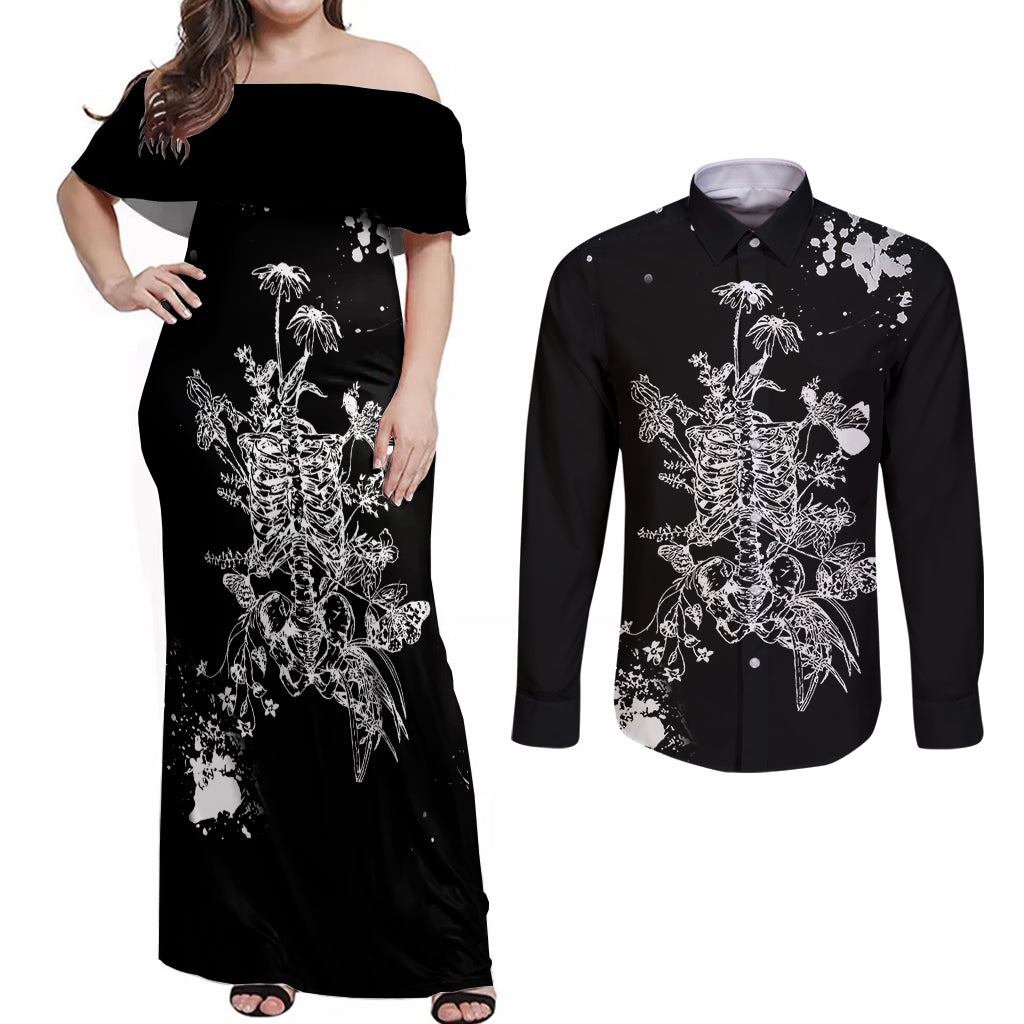 rose-skull-couples-matching-off-shoulder-maxi-dress-and-long-sleeve-button-shirts-white-rose-skull-day-of-the-dead