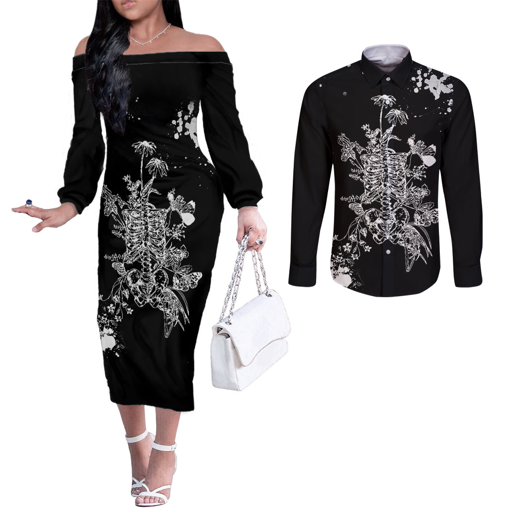 rose-skull-couples-matching-off-the-shoulder-long-sleeve-dress-and-long-sleeve-button-shirts-white-rose-skull-day-of-the-dead