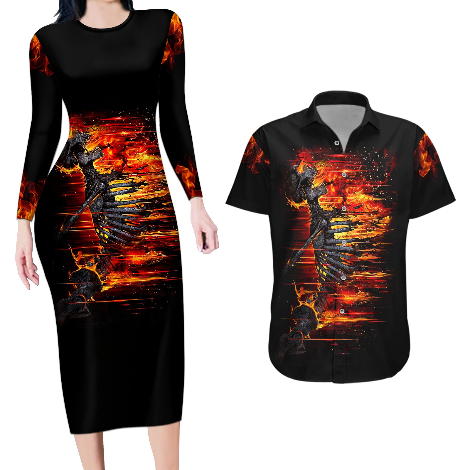 fire-skull-couples-matching-long-sleeve-bodycon-dress-and-hawaiian-shirt-dead-fire-skeleton-scream