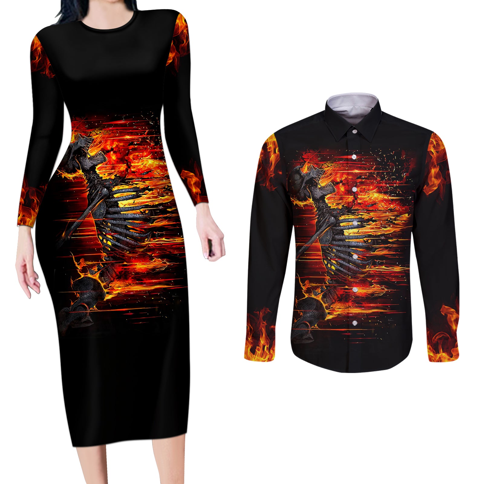 fire-skull-couples-matching-long-sleeve-bodycon-dress-and-long-sleeve-button-shirts-dead-fire-skeleton-scream