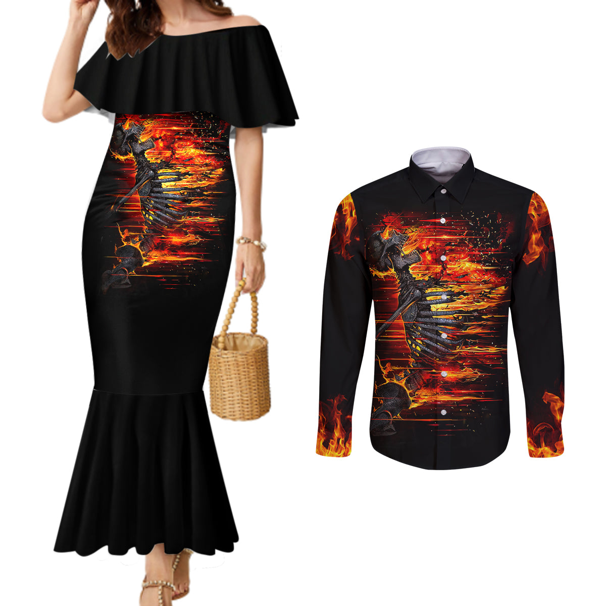 fire-skull-couples-matching-mermaid-dress-and-long-sleeve-button-shirts-dead-fire-skeleton-scream