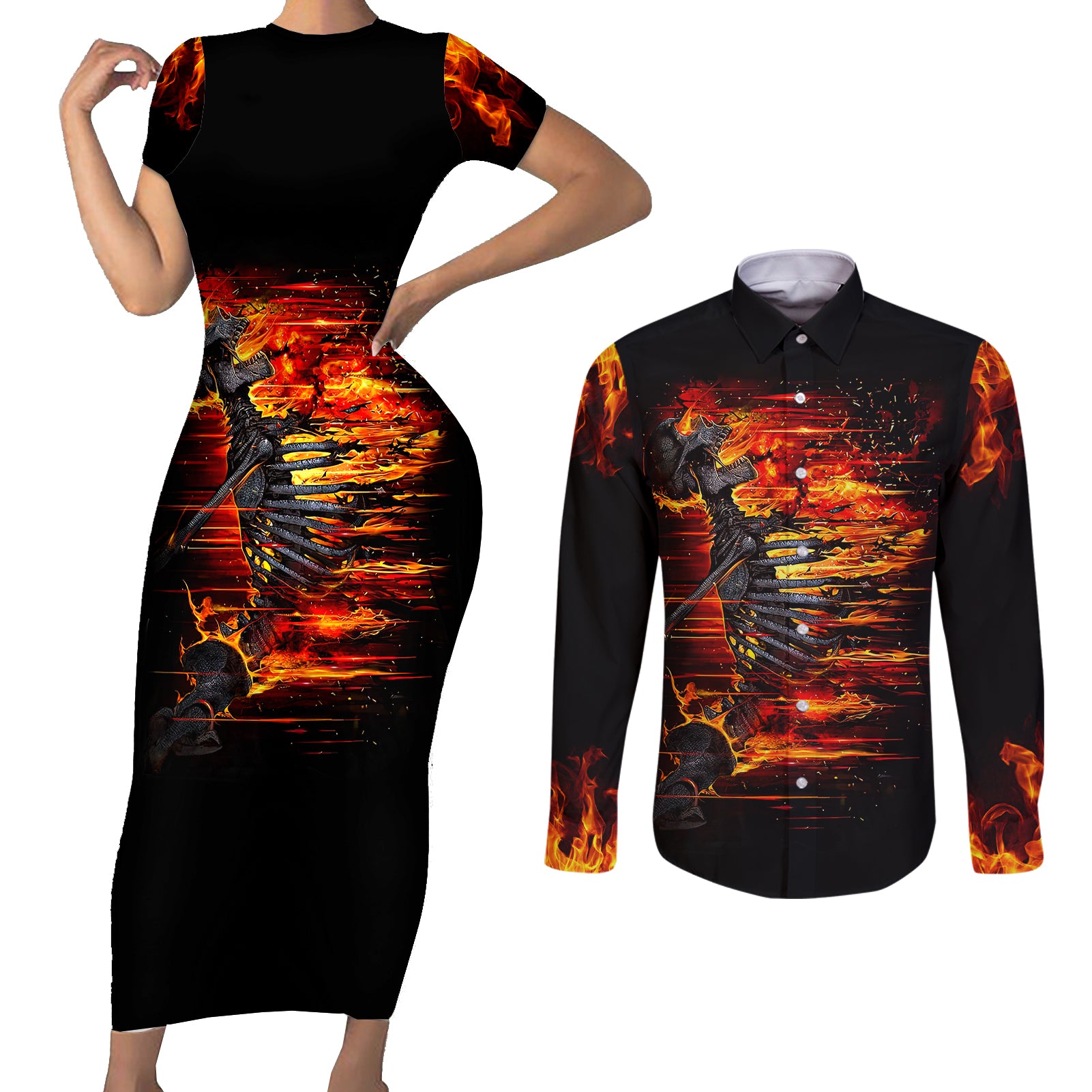 fire-skull-couples-matching-short-sleeve-bodycon-dress-and-long-sleeve-button-shirts-dead-fire-skeleton-scream