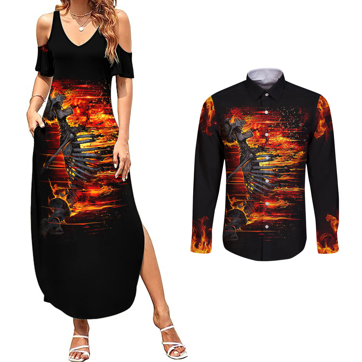 fire-skull-couples-matching-summer-maxi-dress-and-long-sleeve-button-shirts-dead-fire-skeleton-scream