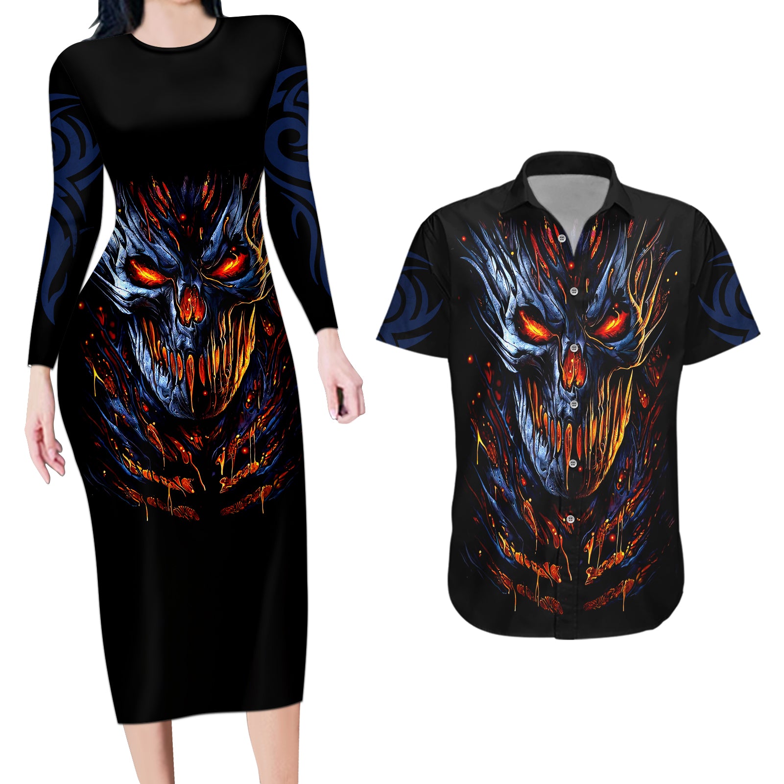 devil-skull-couples-matching-long-sleeve-bodycon-dress-and-hawaiian-shirt-devil-face-scream