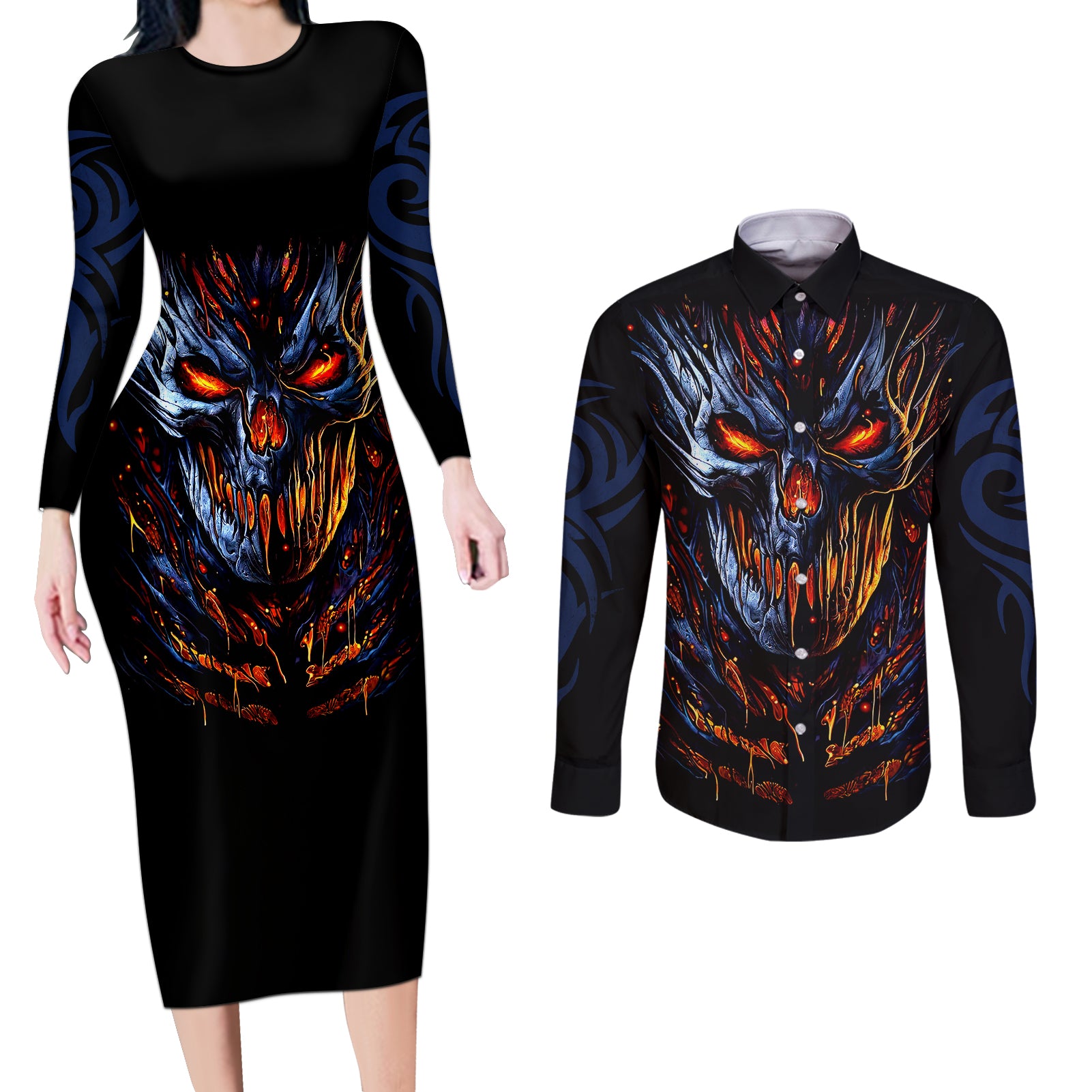 devil-skull-couples-matching-long-sleeve-bodycon-dress-and-long-sleeve-button-shirts-devil-face-scream