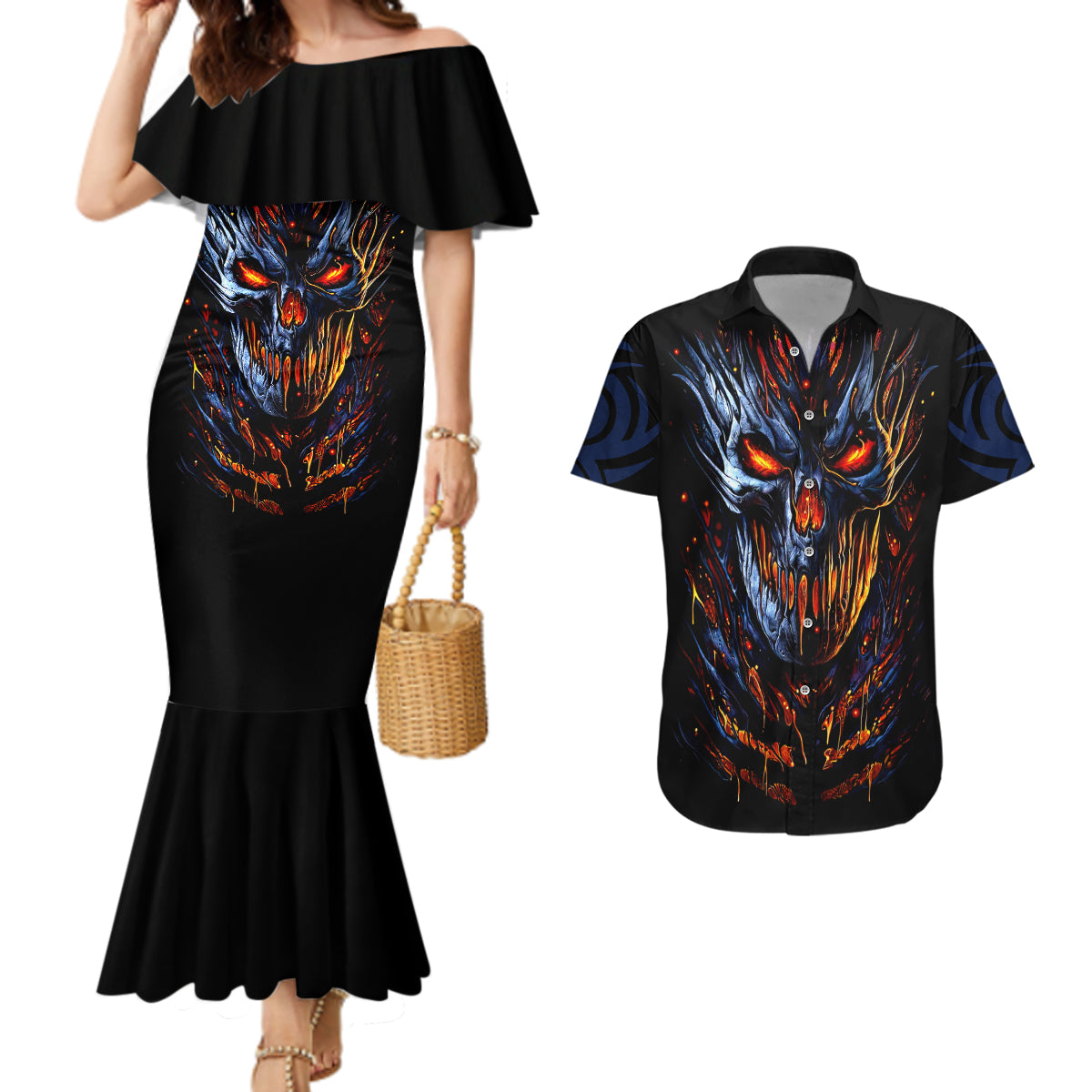 devil-skull-couples-matching-mermaid-dress-and-hawaiian-shirt-devil-face-scream