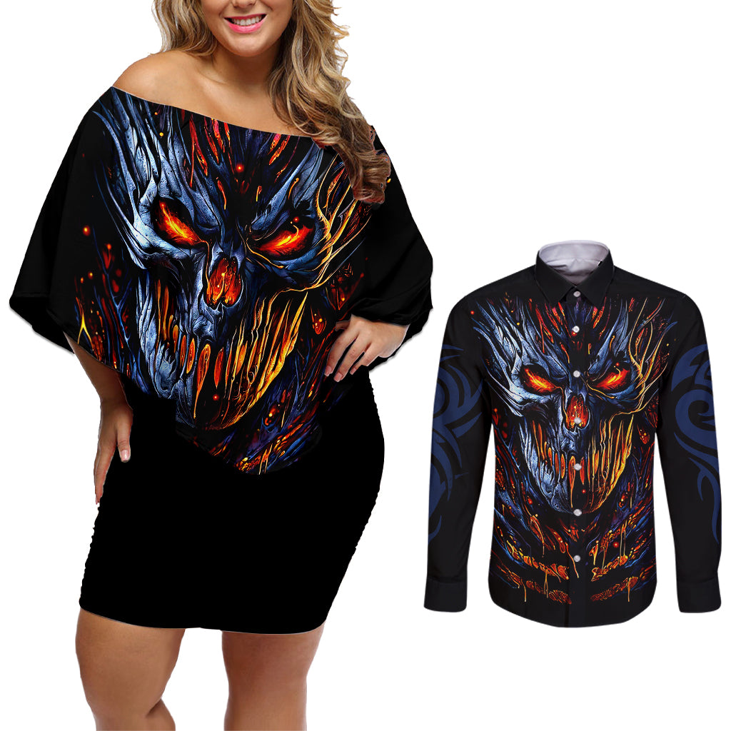 devil-skull-couples-matching-off-shoulder-short-dress-and-long-sleeve-button-shirts-devil-face-scream