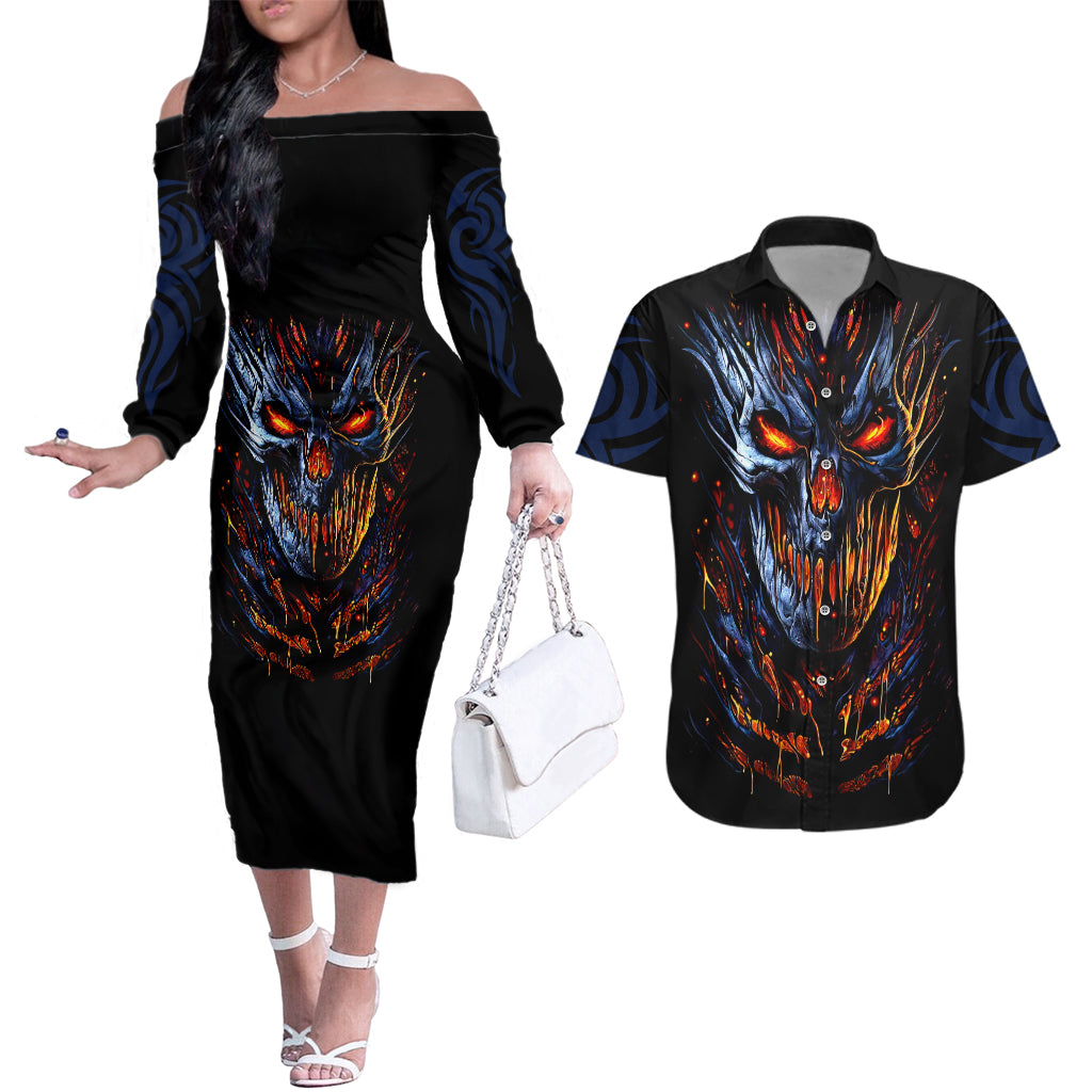 devil-skull-couples-matching-off-the-shoulder-long-sleeve-dress-and-hawaiian-shirt-devil-face-scream