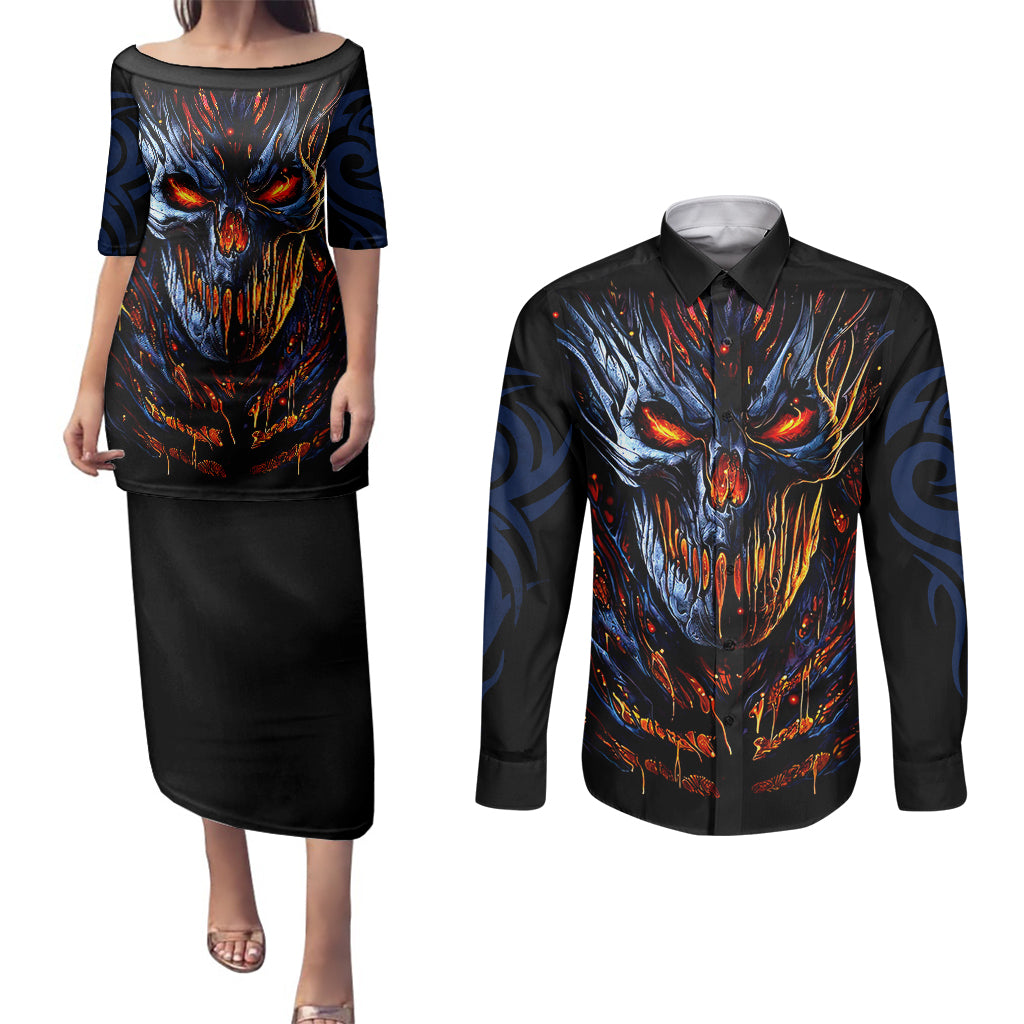 devil-skull-couples-matching-puletasi-dress-and-long-sleeve-button-shirts-devil-face-scream