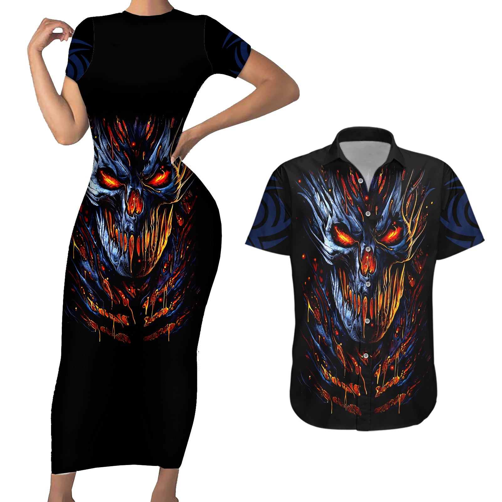 devil-skull-couples-matching-short-sleeve-bodycon-dress-and-hawaiian-shirt-devil-face-scream