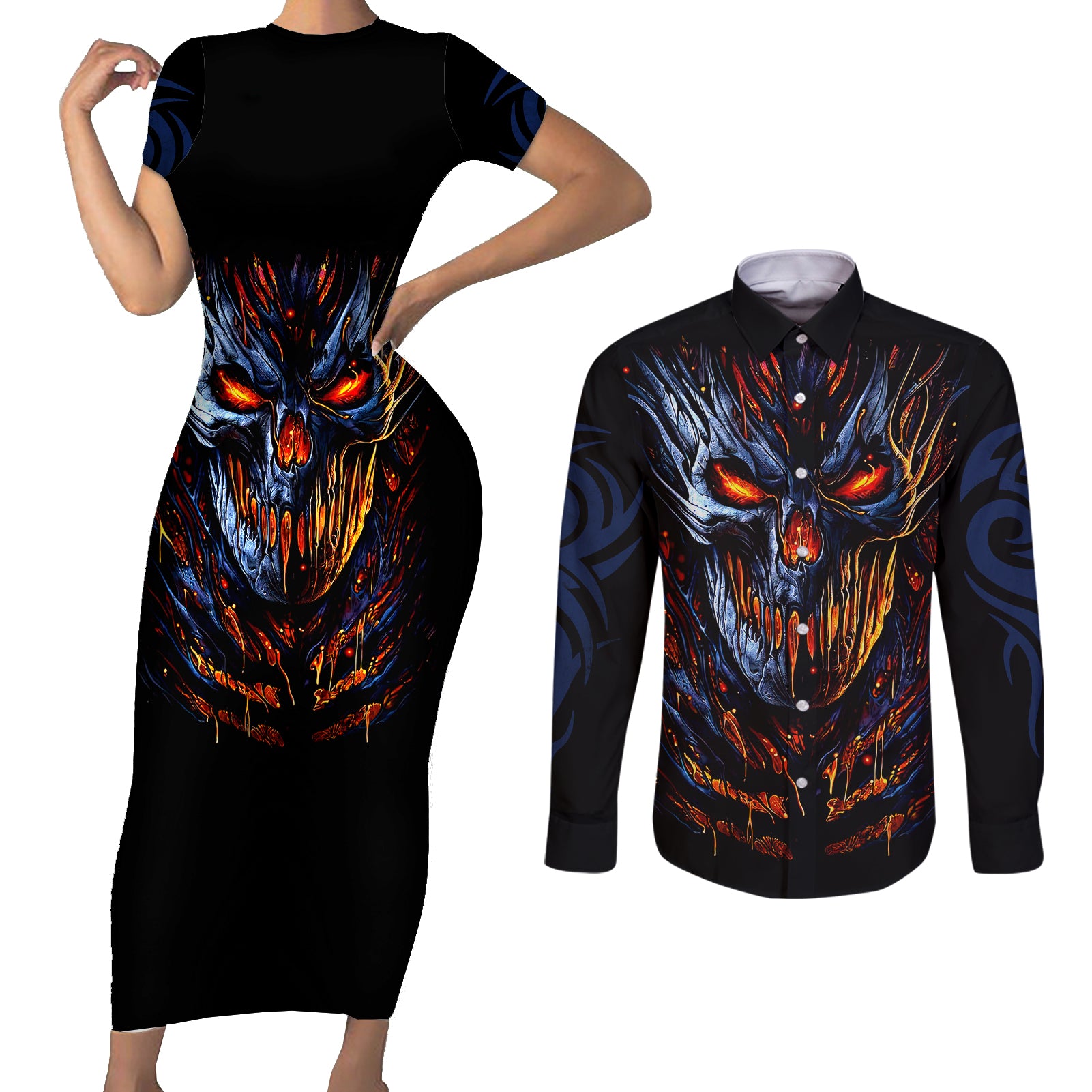 devil-skull-couples-matching-short-sleeve-bodycon-dress-and-long-sleeve-button-shirts-devil-face-scream