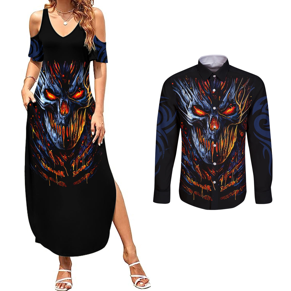 devil-skull-couples-matching-summer-maxi-dress-and-long-sleeve-button-shirts-devil-face-scream