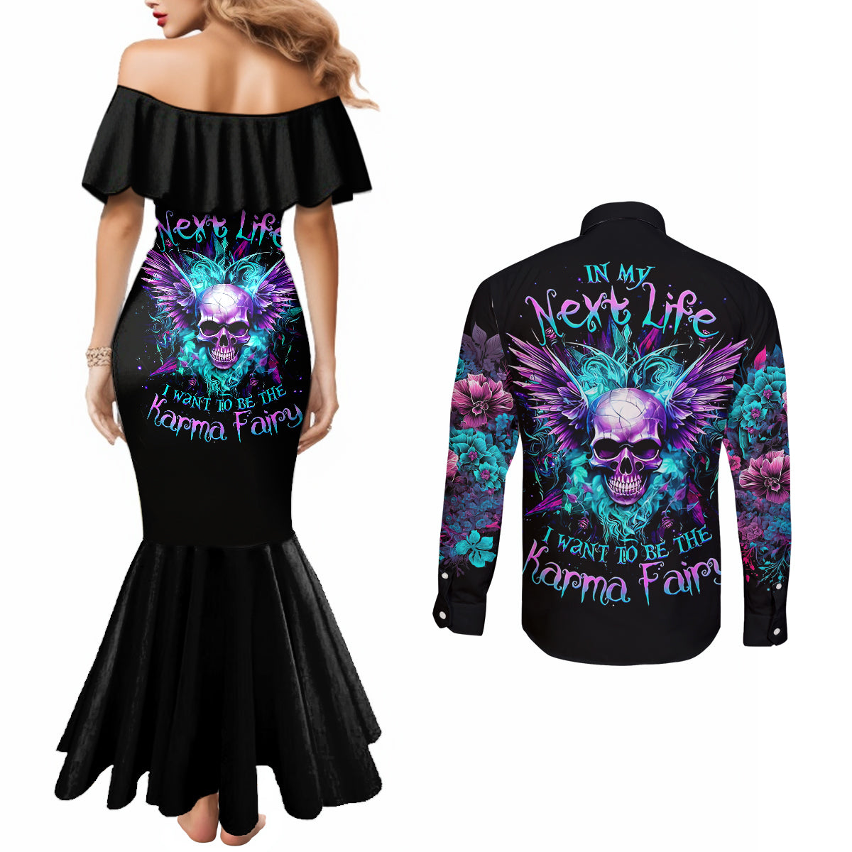 wings-skull-couples-matching-mermaid-dress-and-long-sleeve-button-shirts-want-to-be-karma-fairy-rose-skull