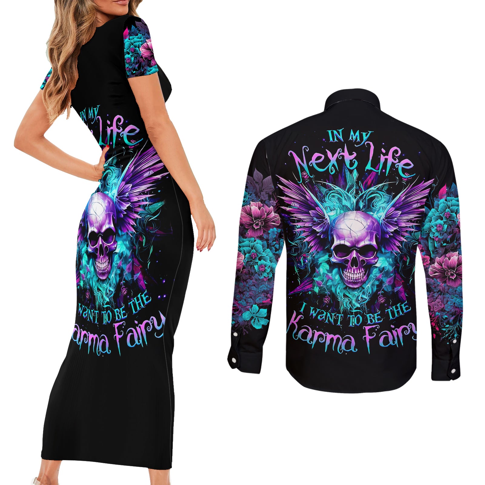 wings-skull-couples-matching-short-sleeve-bodycon-dress-and-long-sleeve-button-shirts-want-to-be-karma-fairy-rose-skull