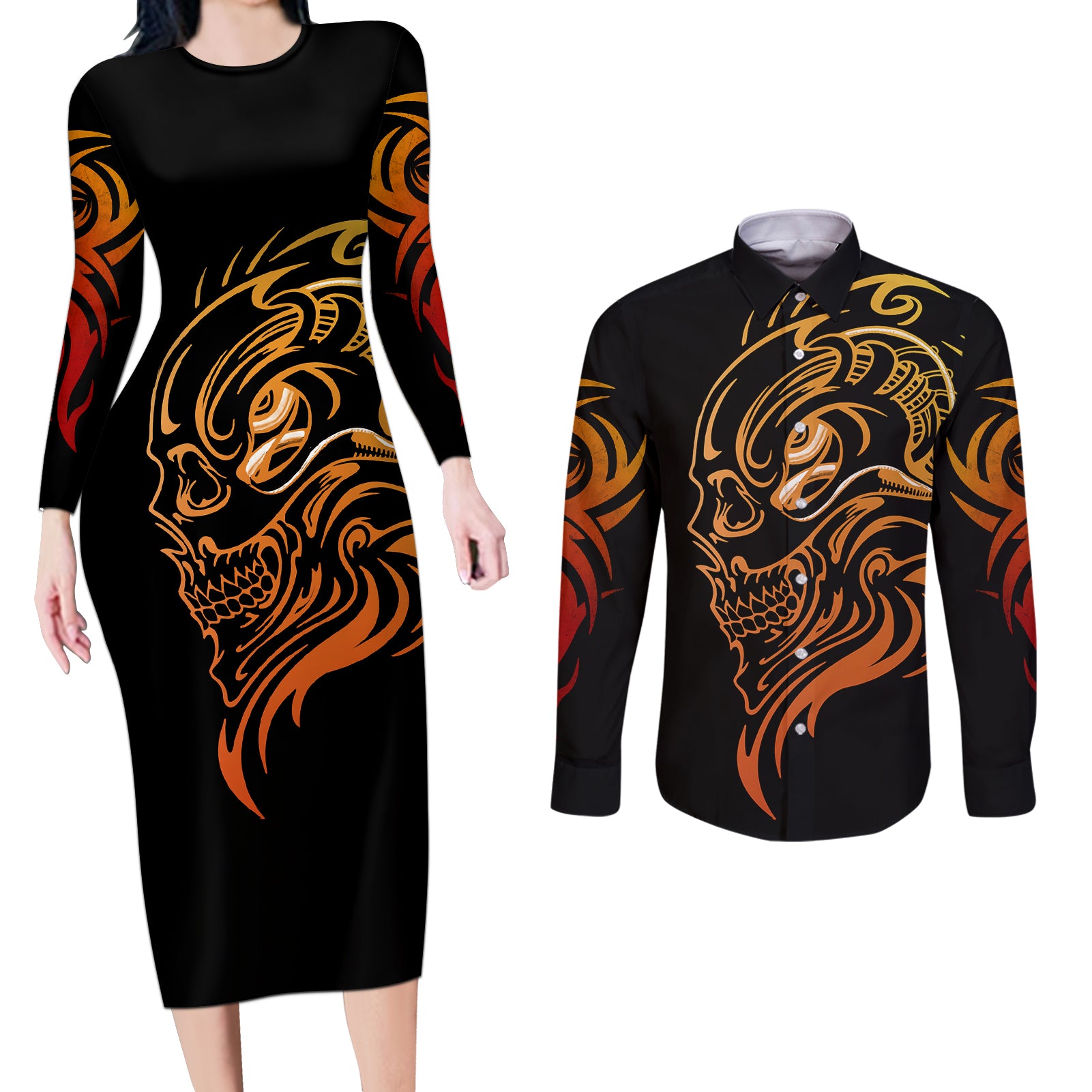 tattoo-skull-couples-matching-long-sleeve-bodycon-dress-and-long-sleeve-button-shirts-golden-skull-face-tattoo