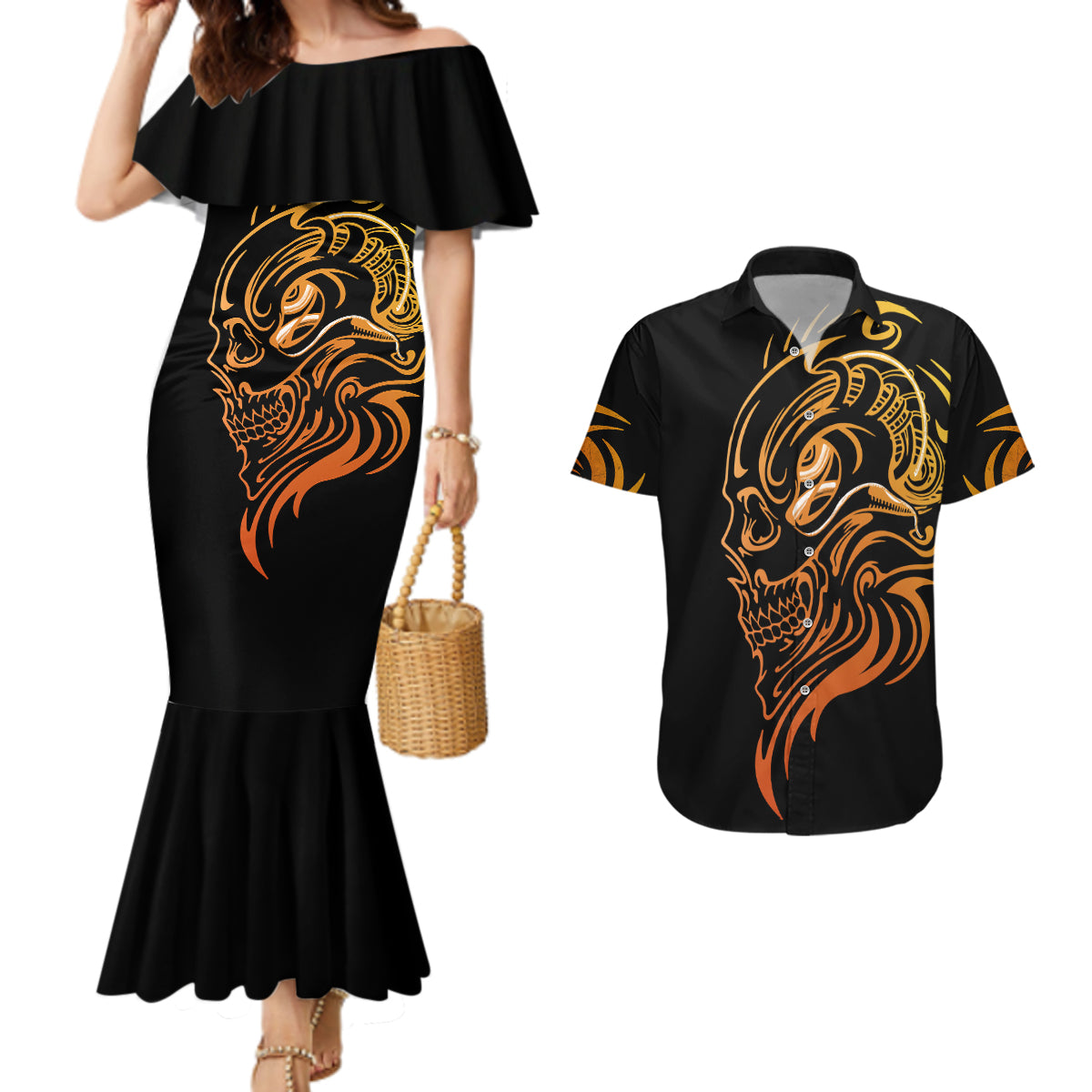 tattoo-skull-couples-matching-mermaid-dress-and-hawaiian-shirt-golden-skull-face-tattoo