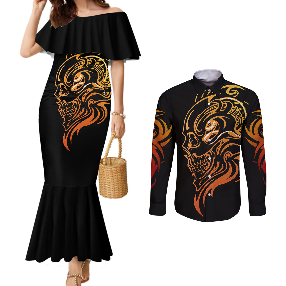 tattoo-skull-couples-matching-mermaid-dress-and-long-sleeve-button-shirts-golden-skull-face-tattoo