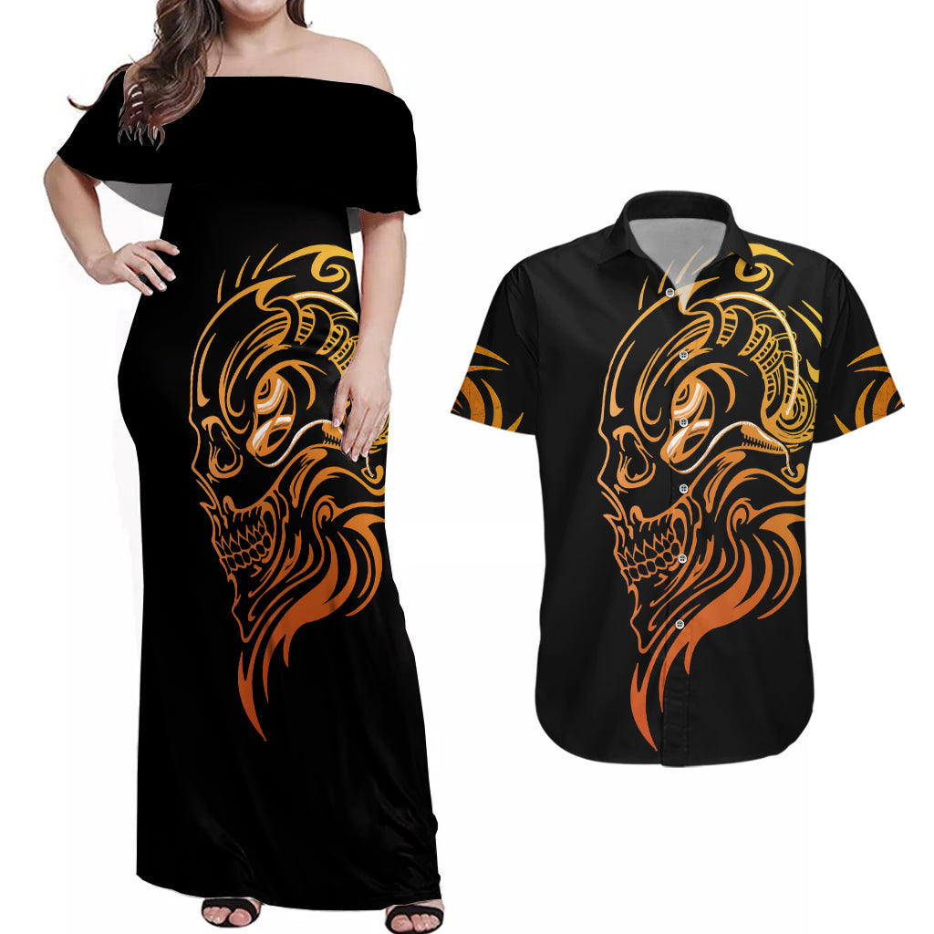 tattoo-skull-couples-matching-off-shoulder-maxi-dress-and-hawaiian-shirt-golden-skull-face-tattoo