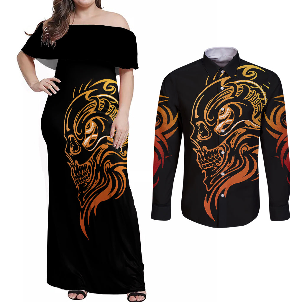 tattoo-skull-couples-matching-off-shoulder-maxi-dress-and-long-sleeve-button-shirts-golden-skull-face-tattoo