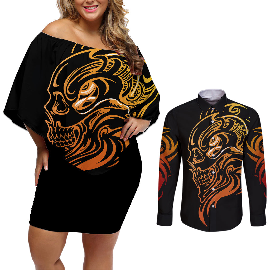 tattoo-skull-couples-matching-off-shoulder-short-dress-and-long-sleeve-button-shirts-golden-skull-face-tattoo