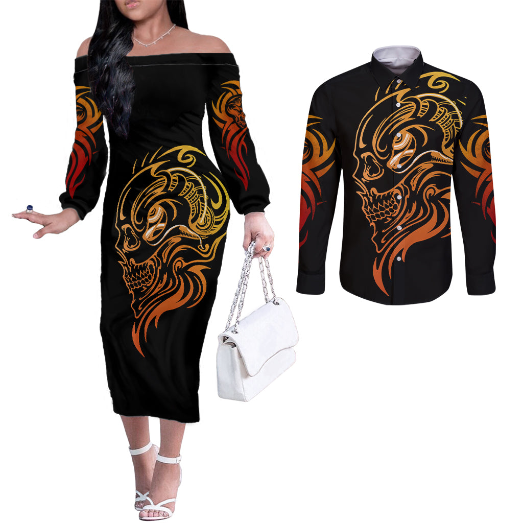 tattoo-skull-couples-matching-off-the-shoulder-long-sleeve-dress-and-long-sleeve-button-shirts-golden-skull-face-tattoo