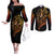 tattoo-skull-couples-matching-off-the-shoulder-long-sleeve-dress-and-long-sleeve-button-shirts-golden-skull-face-tattoo