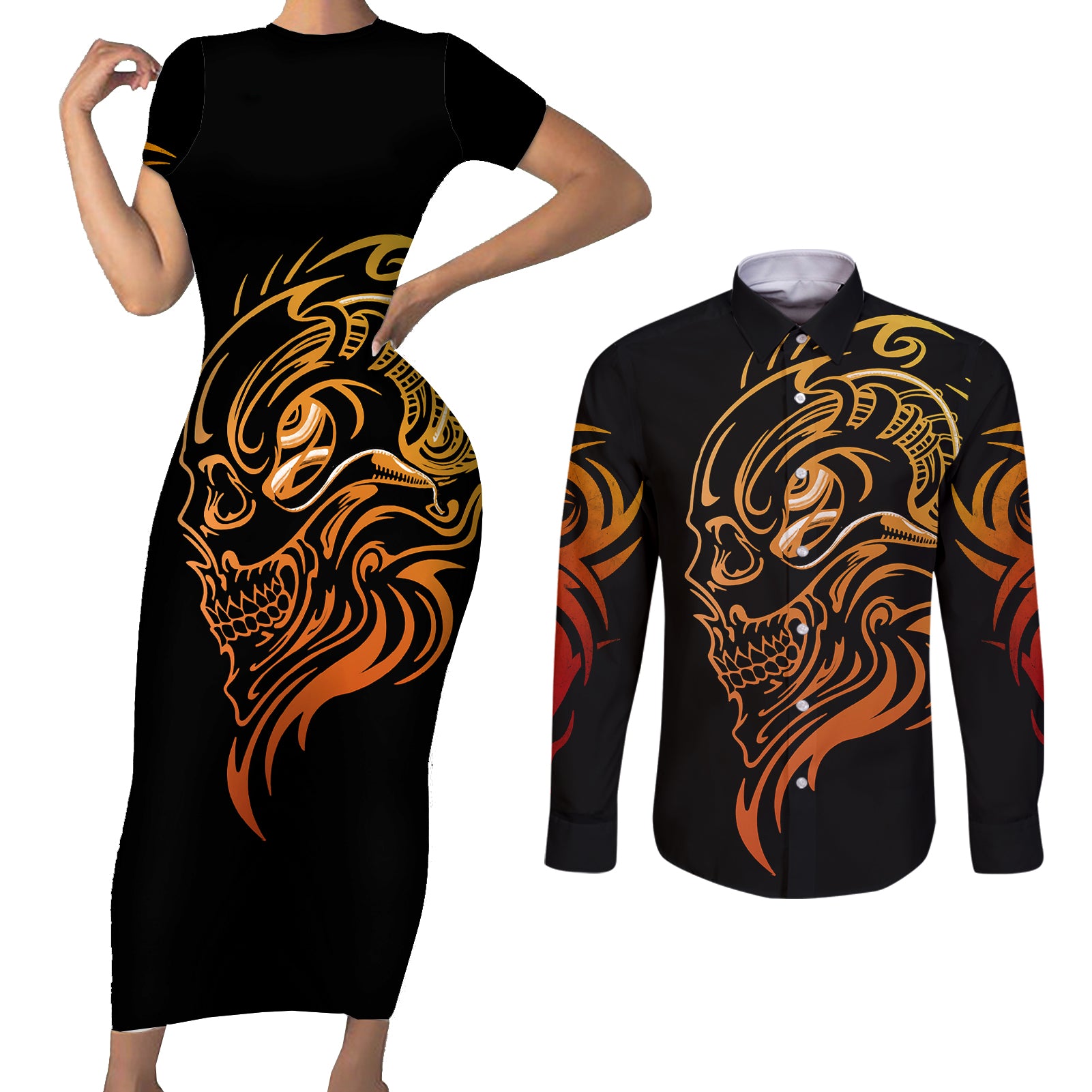 tattoo-skull-couples-matching-short-sleeve-bodycon-dress-and-long-sleeve-button-shirts-golden-skull-face-tattoo