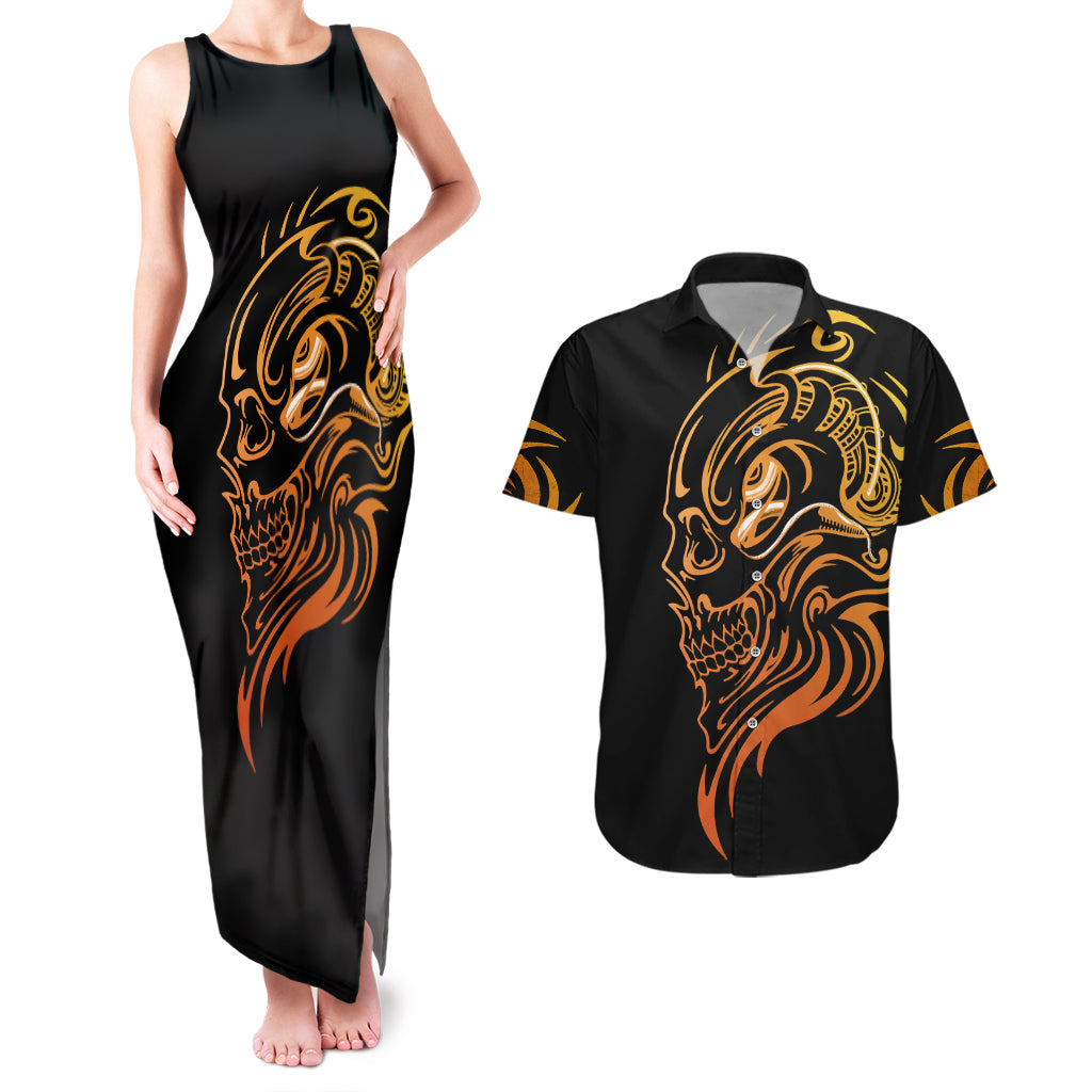 tattoo-skull-couples-matching-tank-maxi-dress-and-hawaiian-shirt-golden-skull-face-tattoo