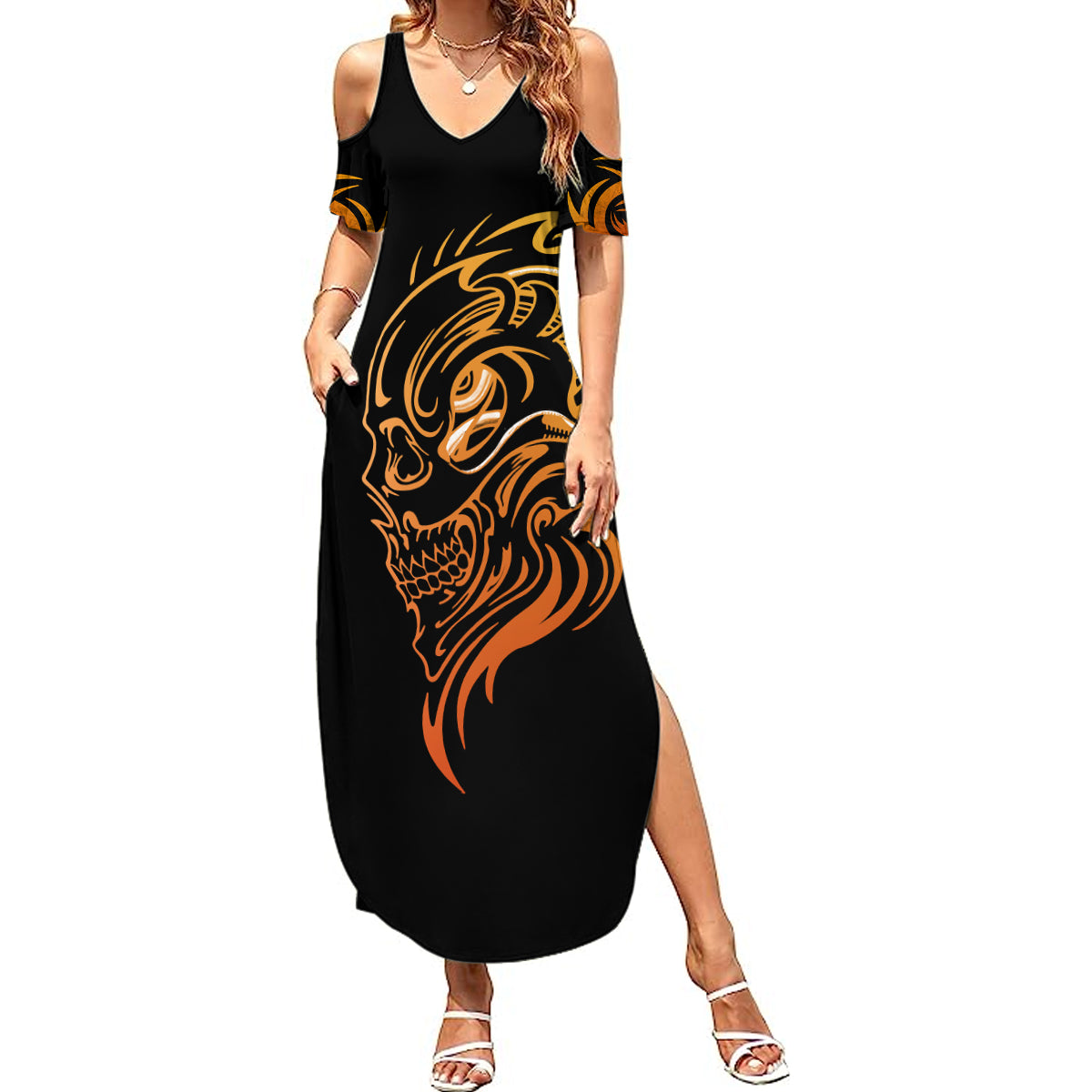 tattoo-skull-summer-maxi-dress-golden-skull-face-tattoo