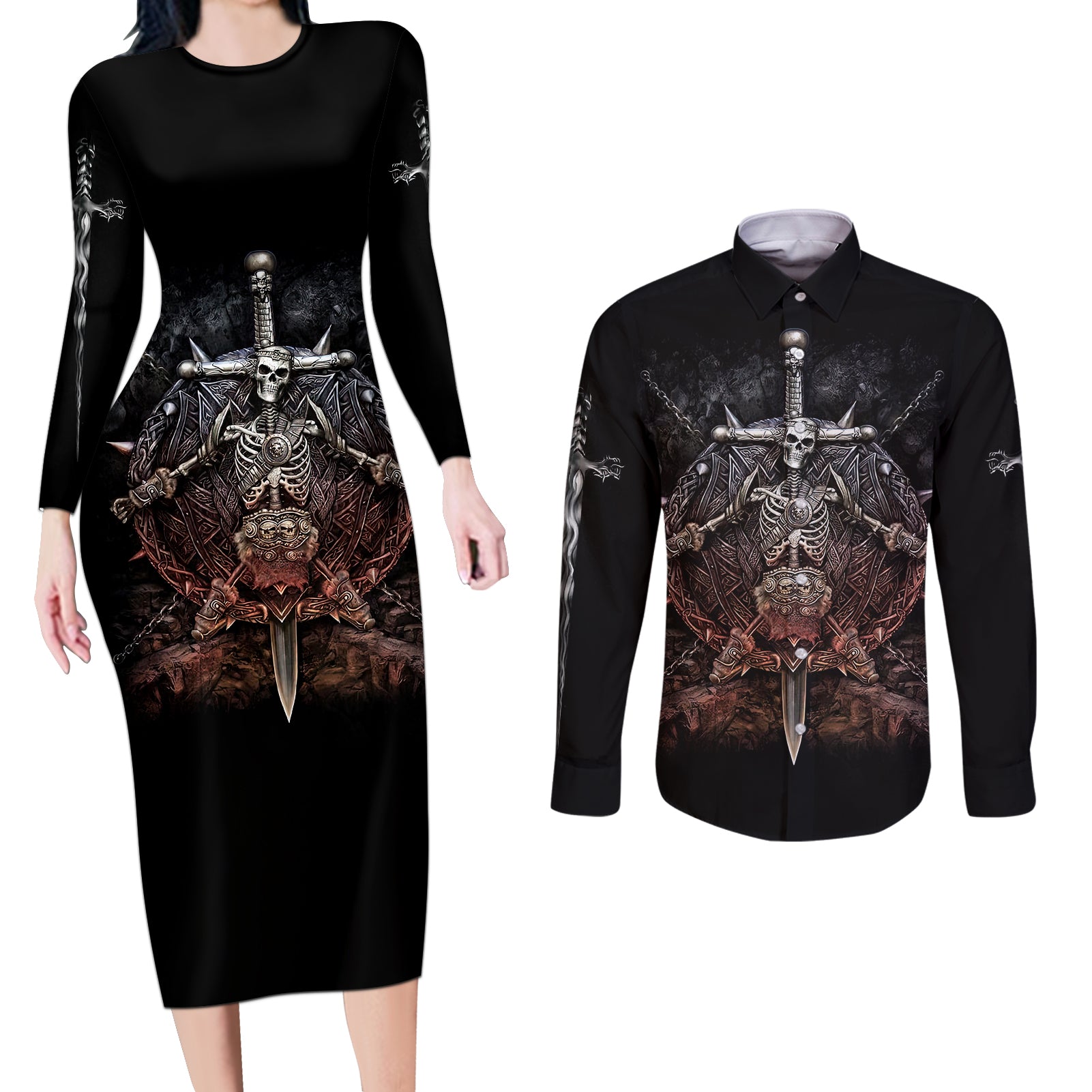 warrior-skull-couples-matching-long-sleeve-bodycon-dress-and-long-sleeve-button-shirts-skull-warrior-viking