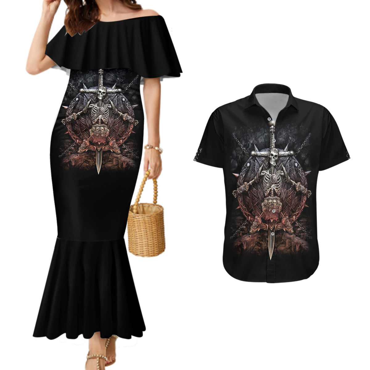 warrior-skull-couples-matching-mermaid-dress-and-hawaiian-shirt-skull-warrior-viking