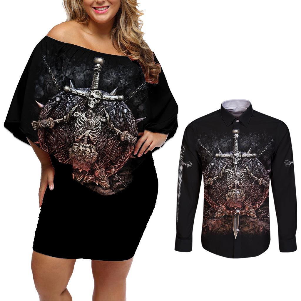 warrior-skull-couples-matching-off-shoulder-short-dress-and-long-sleeve-button-shirts-skull-warrior-viking