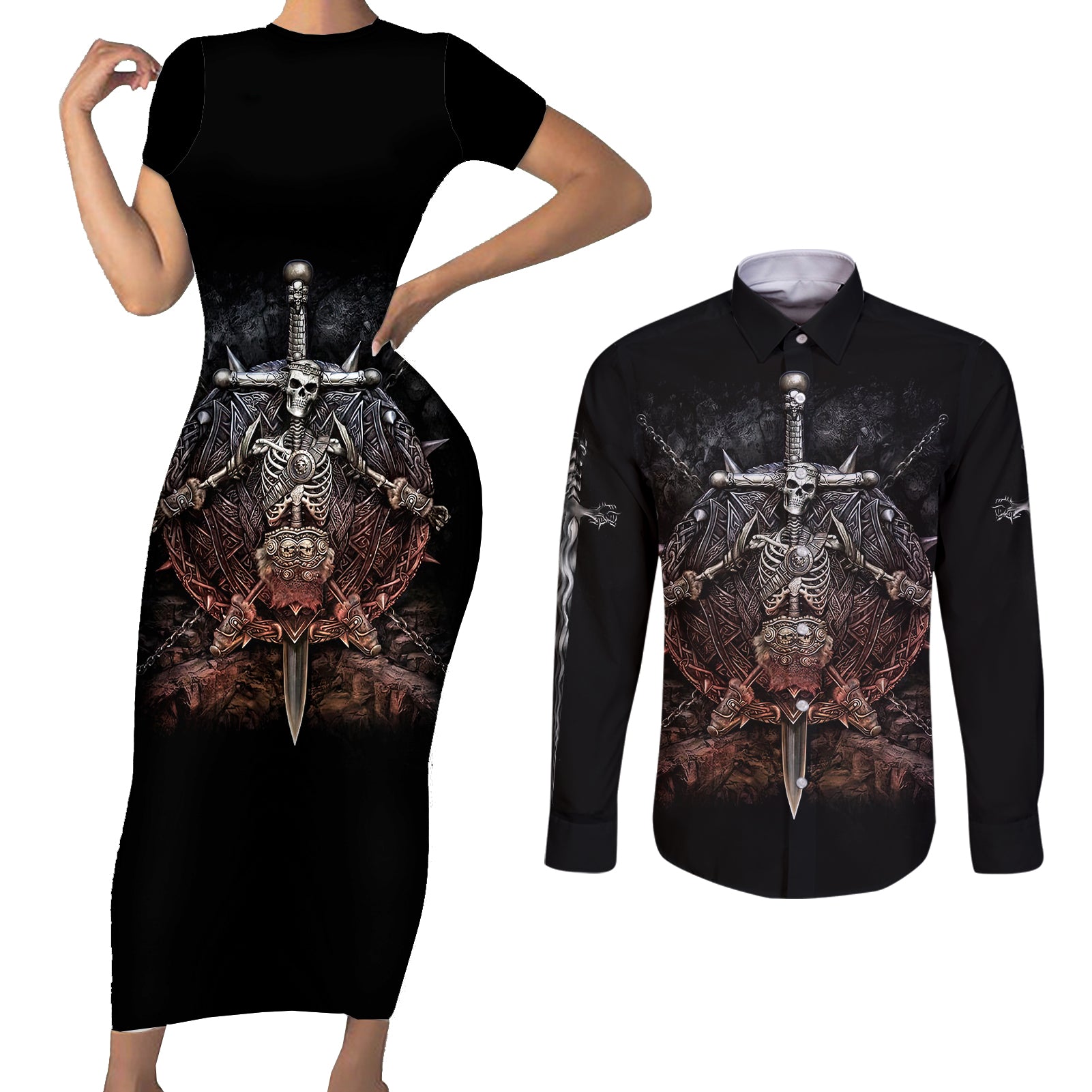 warrior-skull-couples-matching-short-sleeve-bodycon-dress-and-long-sleeve-button-shirts-skull-warrior-viking