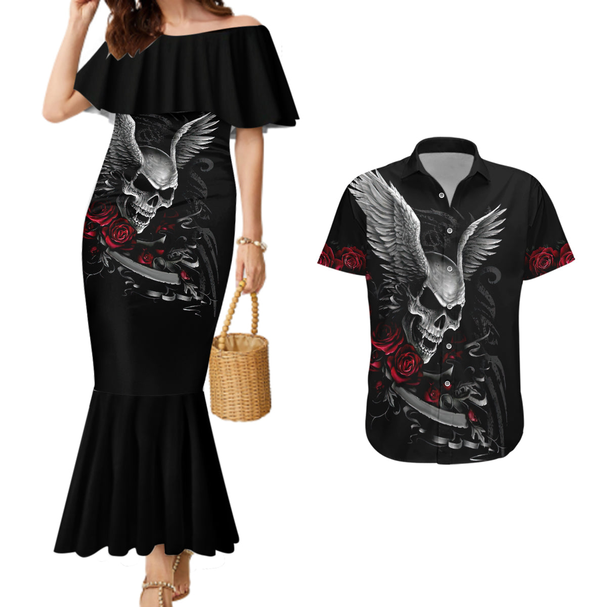 wings-rose-skull-couples-matching-mermaid-dress-and-hawaiian-shirt-romantic-rose-skull-wings