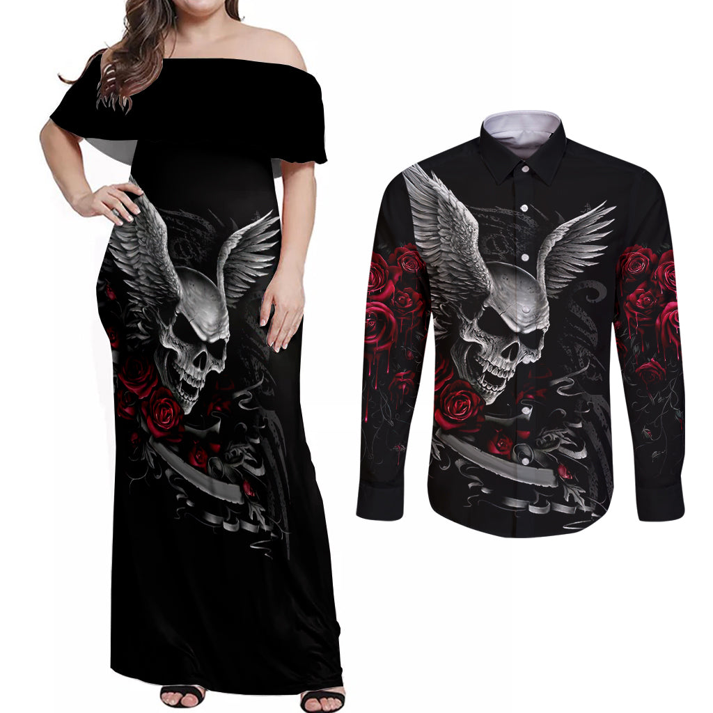 wings-rose-skull-couples-matching-off-shoulder-maxi-dress-and-long-sleeve-button-shirts-romantic-rose-skull-wings