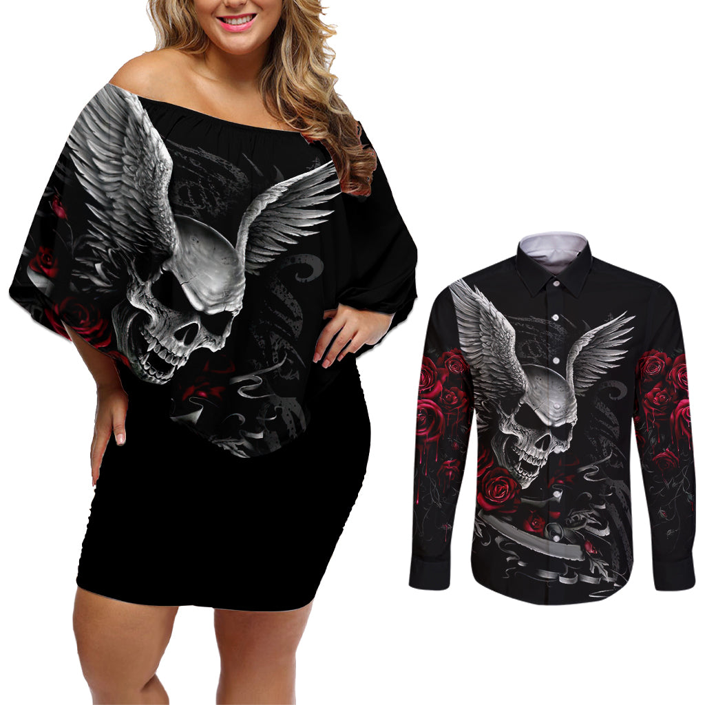 wings-rose-skull-couples-matching-off-shoulder-short-dress-and-long-sleeve-button-shirts-romantic-rose-skull-wings