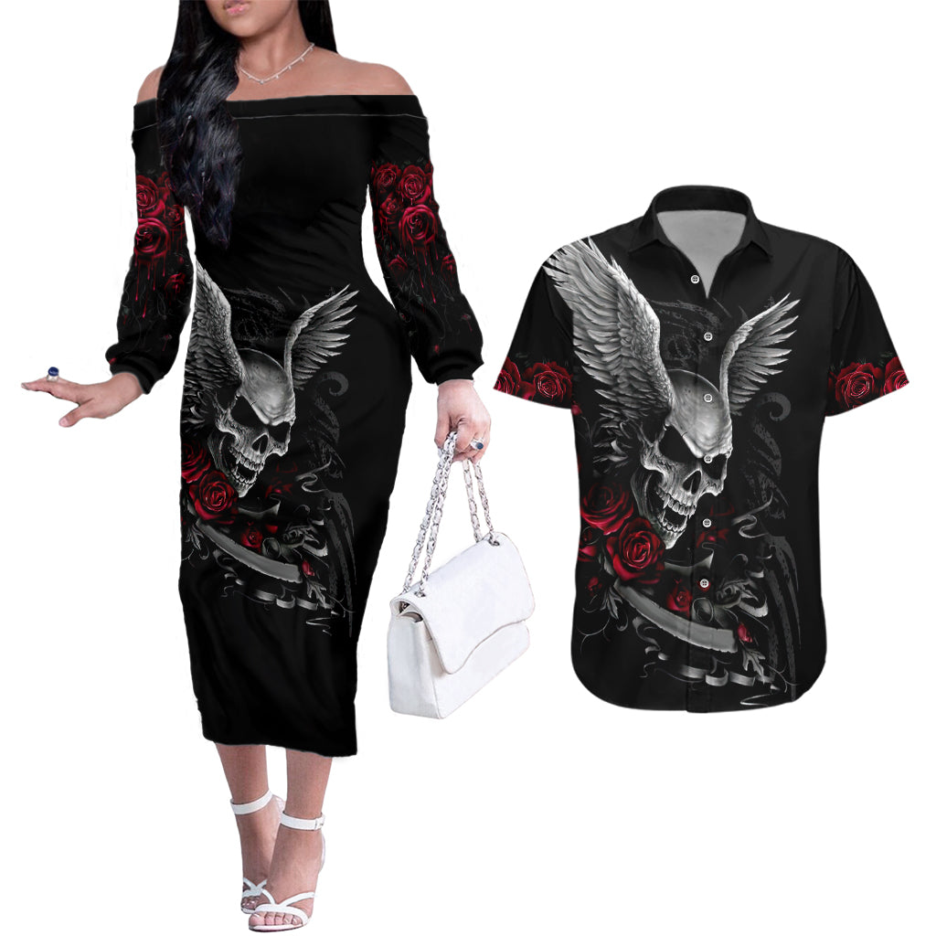 wings-rose-skull-couples-matching-off-the-shoulder-long-sleeve-dress-and-hawaiian-shirt-romantic-rose-skull-wings