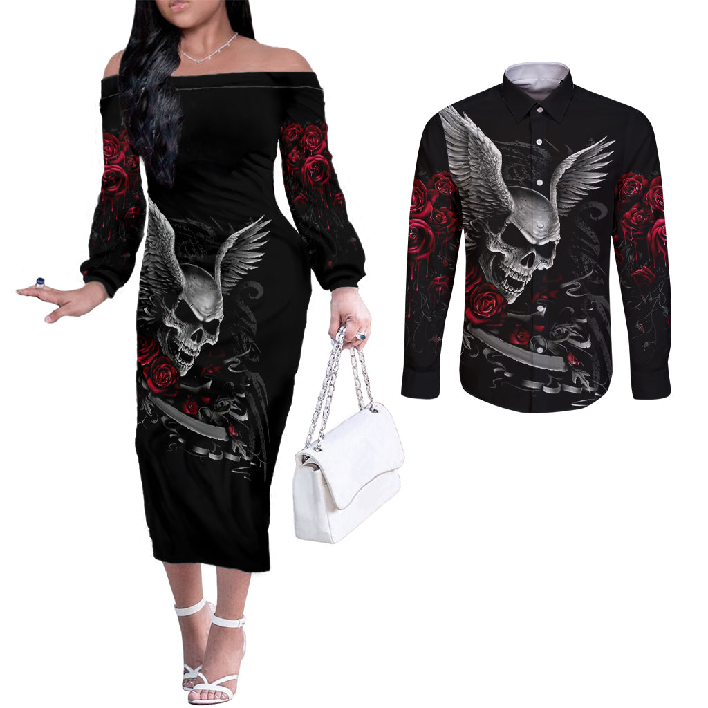 wings-rose-skull-couples-matching-off-the-shoulder-long-sleeve-dress-and-long-sleeve-button-shirts-romantic-rose-skull-wings