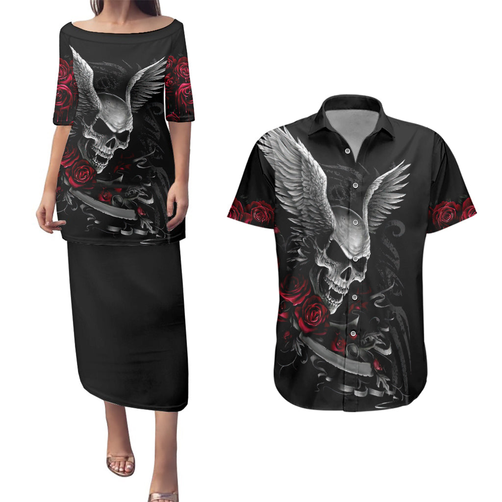 wings-rose-skull-couples-matching-puletasi-dress-and-hawaiian-shirt-romantic-rose-skull-wings