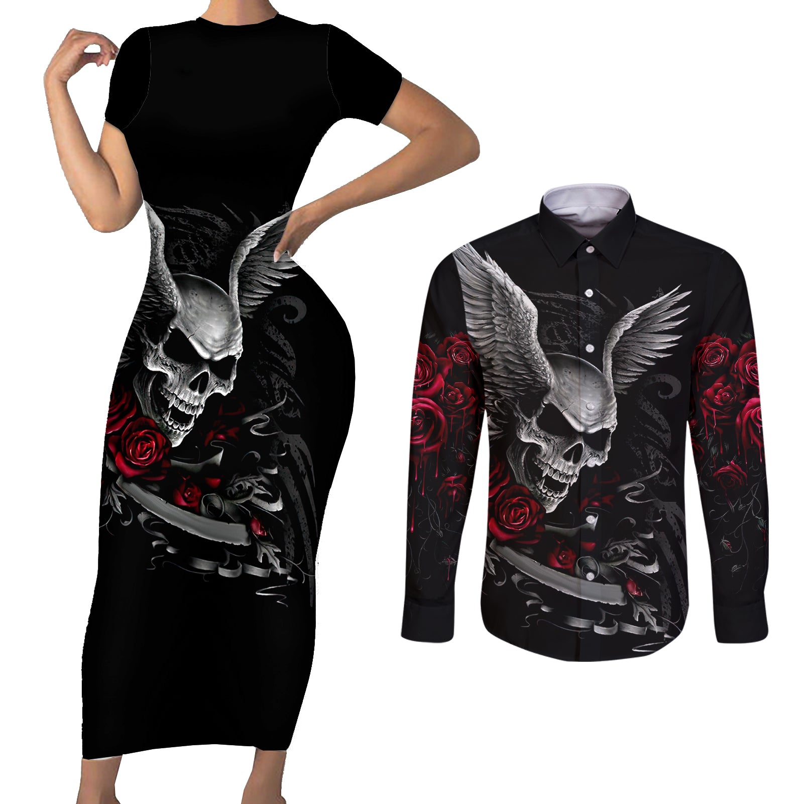 wings-rose-skull-couples-matching-short-sleeve-bodycon-dress-and-long-sleeve-button-shirts-romantic-rose-skull-wings