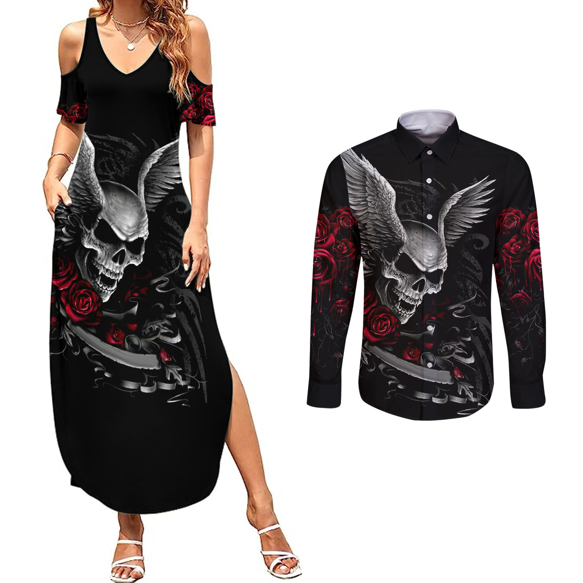 wings-rose-skull-couples-matching-summer-maxi-dress-and-long-sleeve-button-shirts-romantic-rose-skull-wings