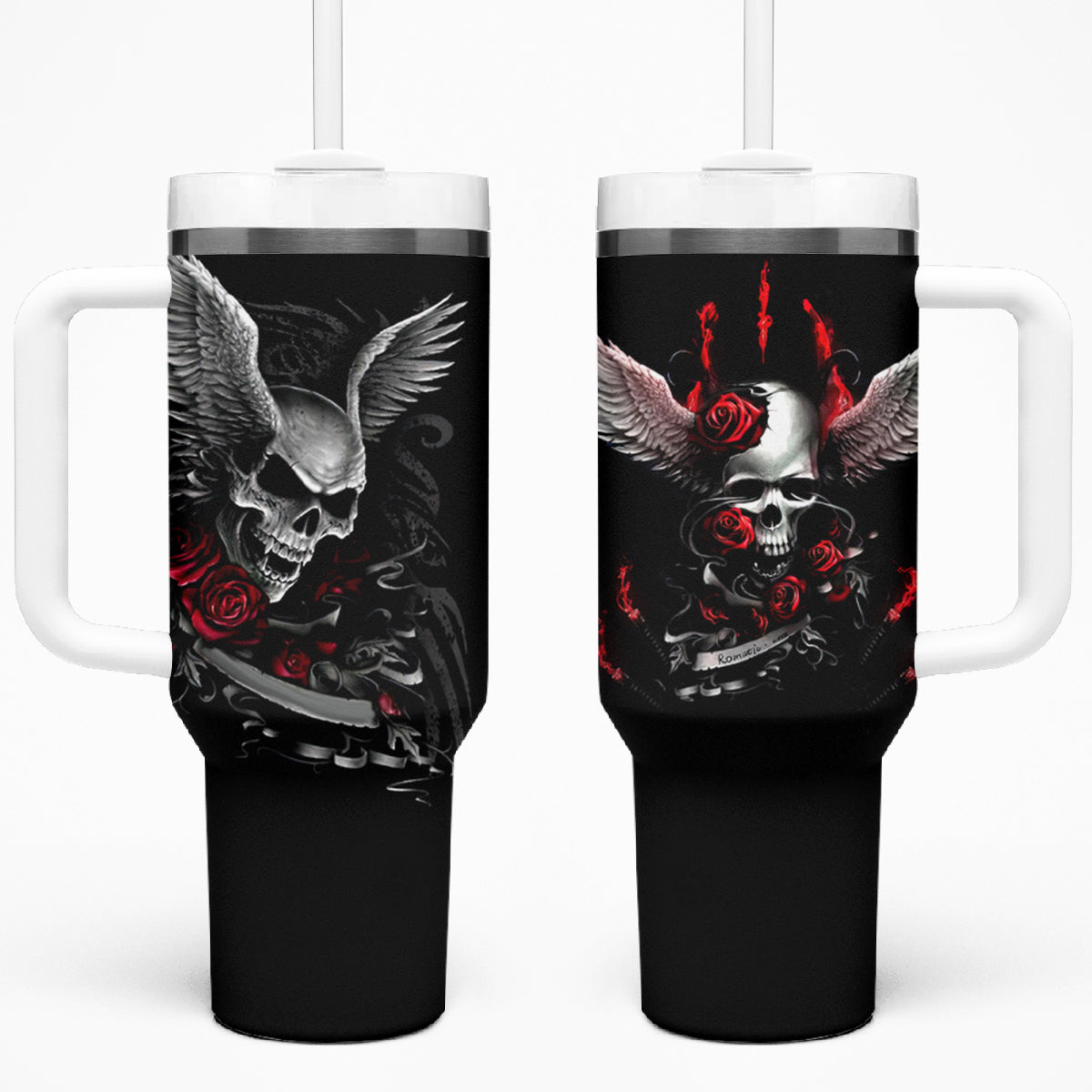 Wings Rose Skull Tumbler With Handle Romantic Rose Skull Wings