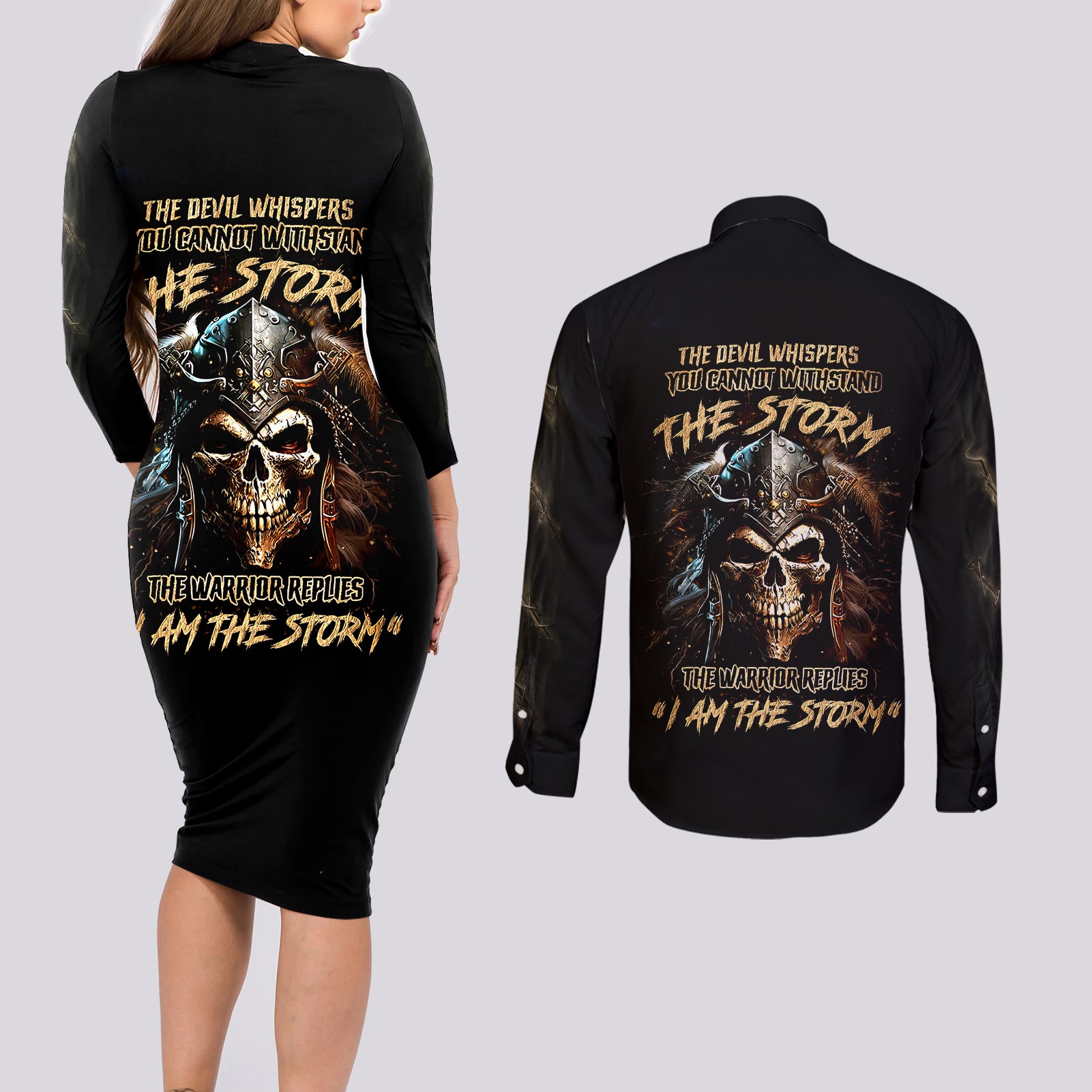 warrior-skull-couples-matching-long-sleeve-bodycon-dress-and-long-sleeve-button-shirts-the-warrior-replies-iam-the-storm