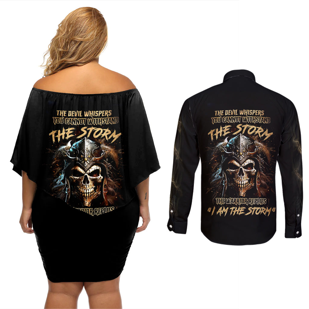 warrior-skull-couples-matching-off-shoulder-short-dress-and-long-sleeve-button-shirts-the-warrior-replies-iam-the-storm