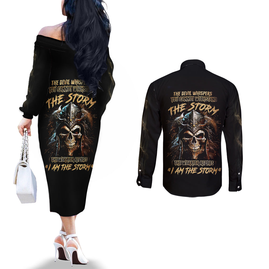 warrior-skull-couples-matching-off-the-shoulder-long-sleeve-dress-and-long-sleeve-button-shirts-the-warrior-replies-iam-the-storm