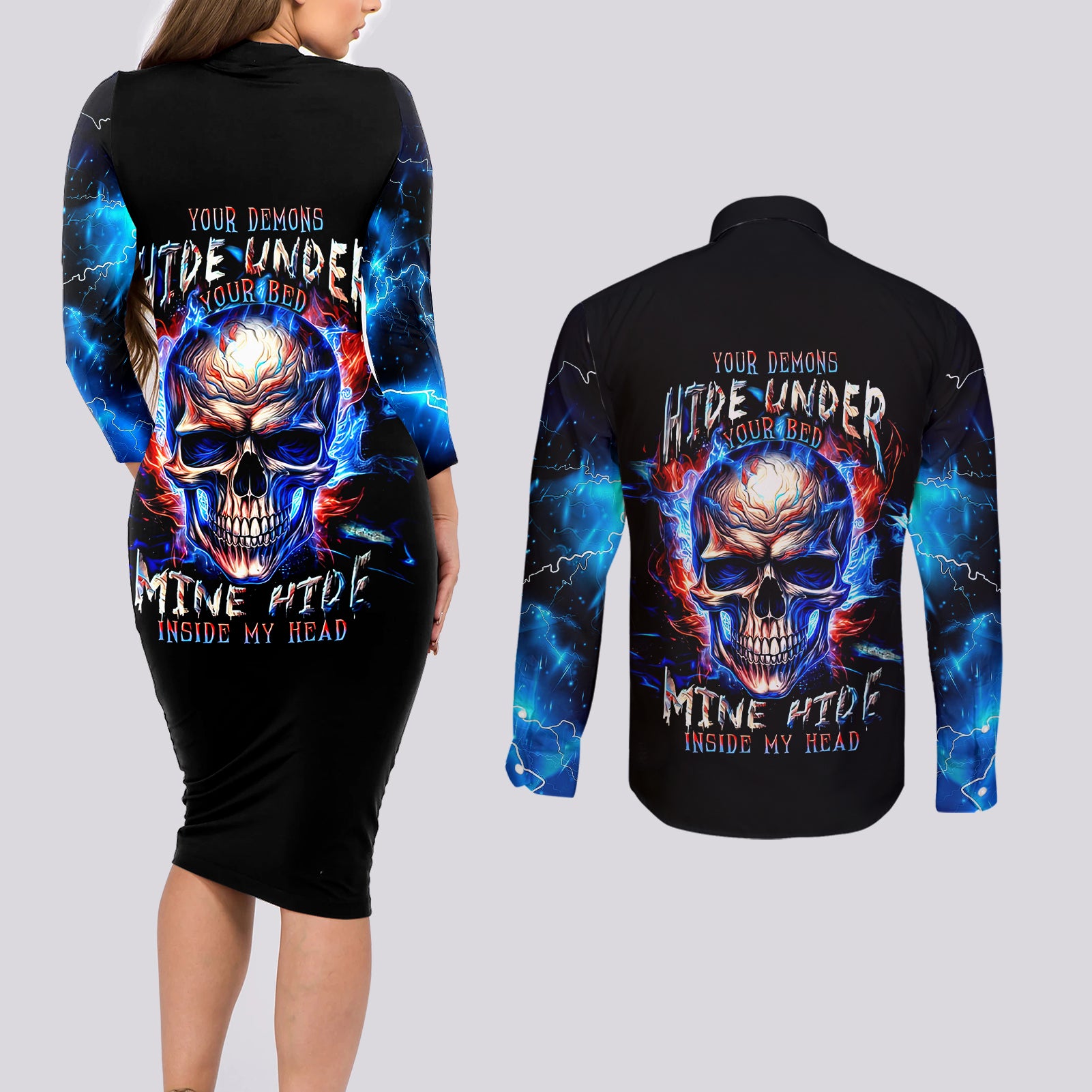 fire-skull-couples-matching-long-sleeve-bodycon-dress-and-long-sleeve-button-shirts-your-demon-hide-under-your-bed