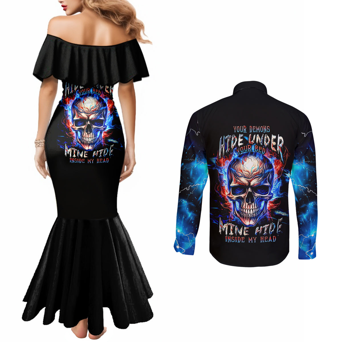 fire-skull-couples-matching-mermaid-dress-and-long-sleeve-button-shirts-your-demon-hide-under-your-bed